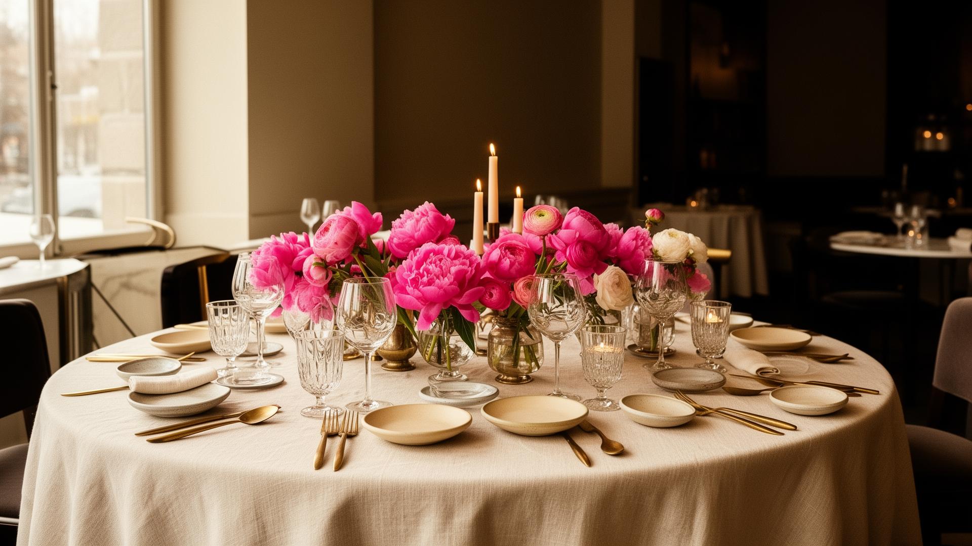 An elegant ivory tablescape with hot pink peonies inside a design-forward restaurant